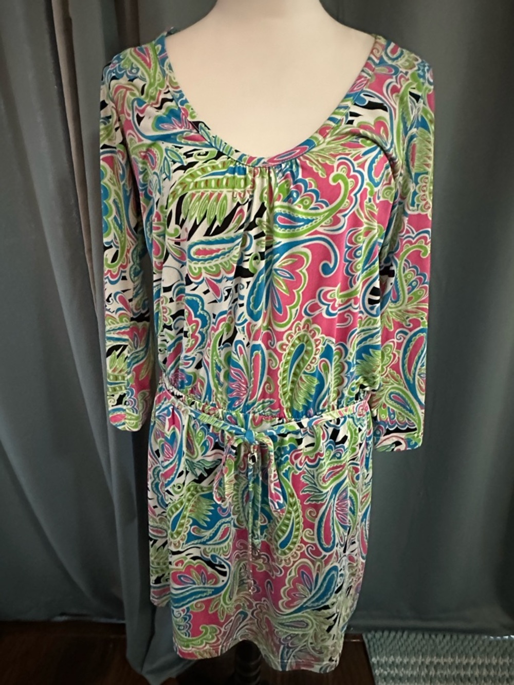 Mud Pie Paisley Tunic Top Dress Size Large Pink Blue Green Boho 3/4 Sleeve